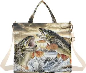 Corduroy Tote Bag Trout Jump Sunset for Women Large Shoulder Bag with Pockets for Beach Work Travel Shopping S