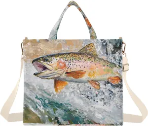 Corduroy Tote Bag Trout Jump Vintage for Women Large Shoulder Bag with Pockets for Beach Work Travel Shopping S