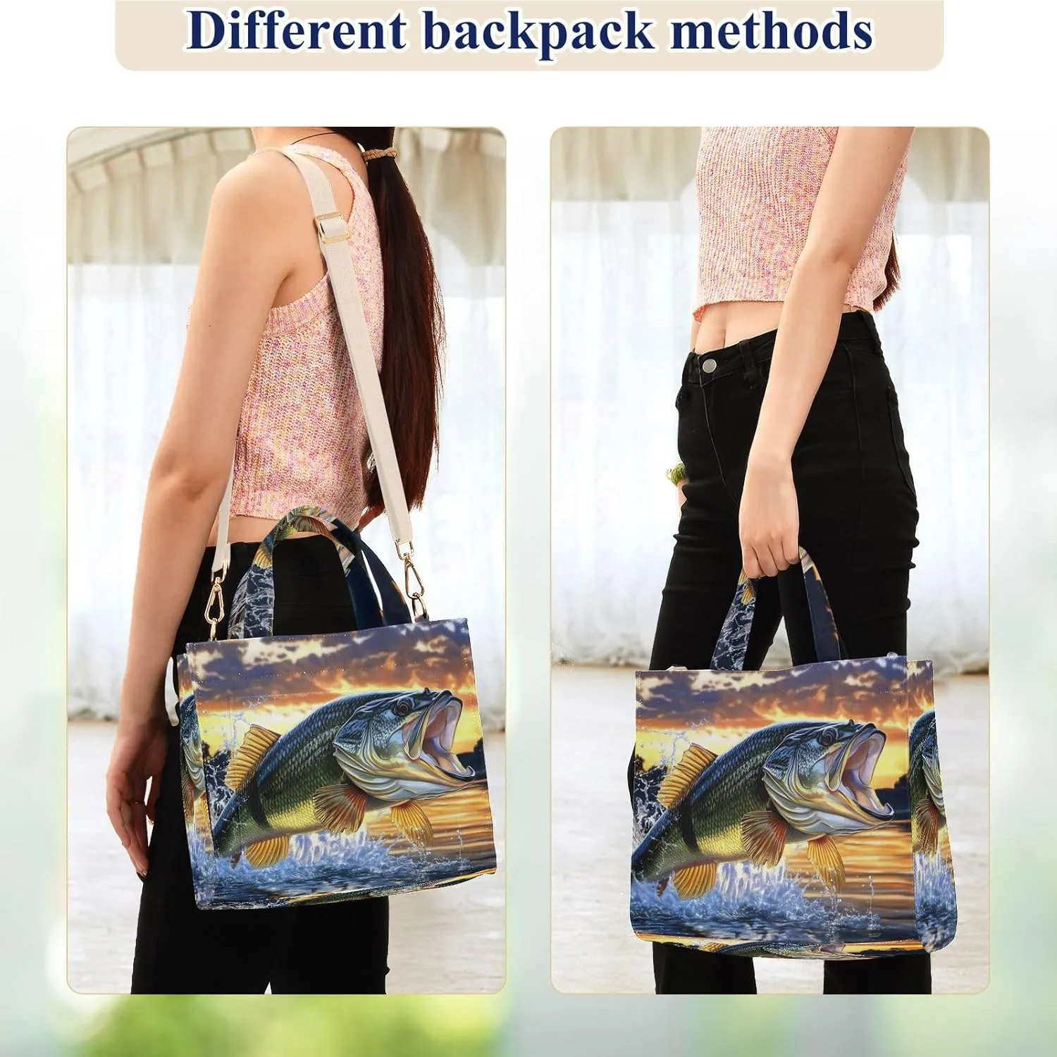 Corduroy Tote Bag Trout Sunset Jump for Women Large Shoulder Bag with Pockets for Beach Work Travel Shopping S