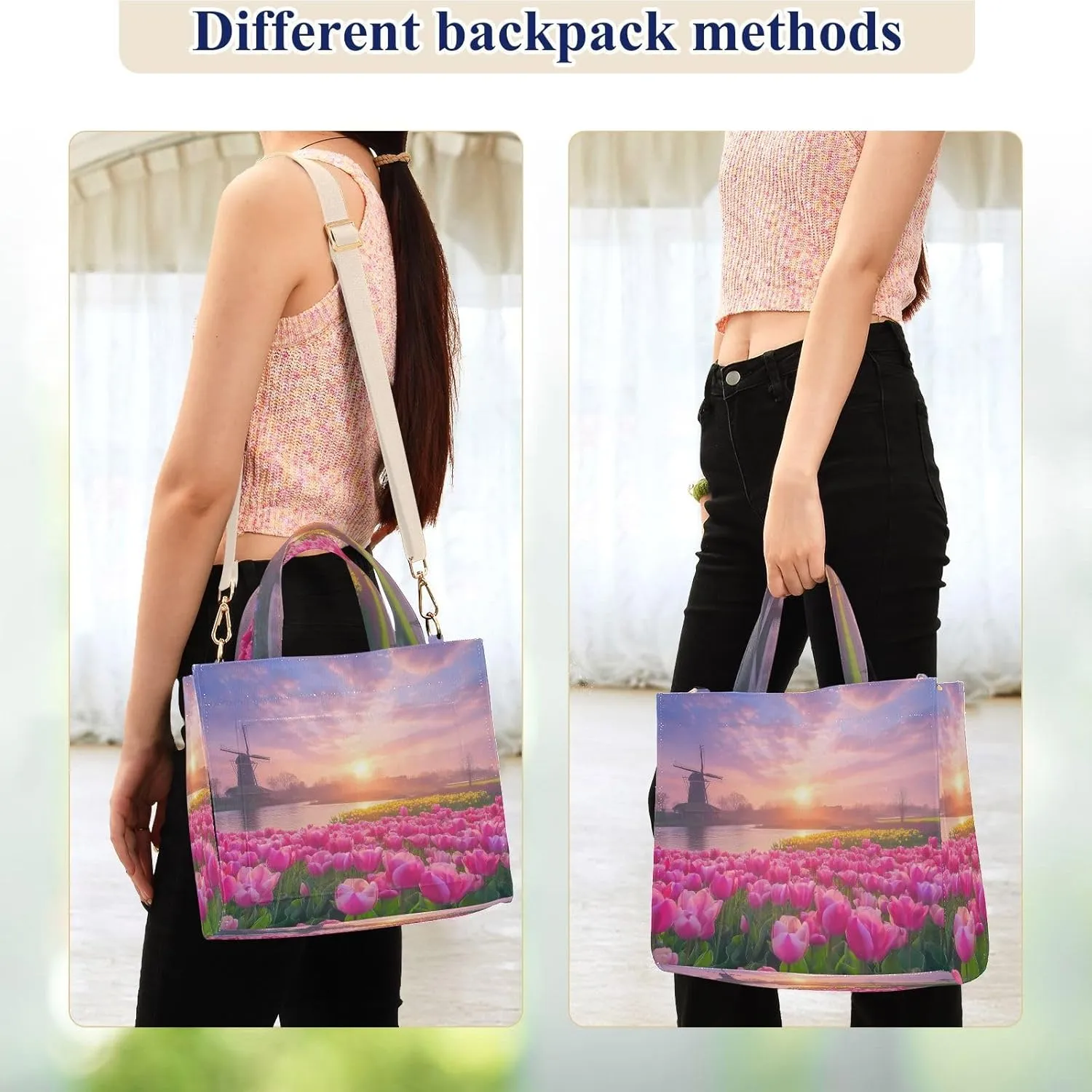Corduroy Tote Bag Tulip Landscape Windmill for Women Large Shoulder Bag with Pockets for Beach Work Travel Shopping S