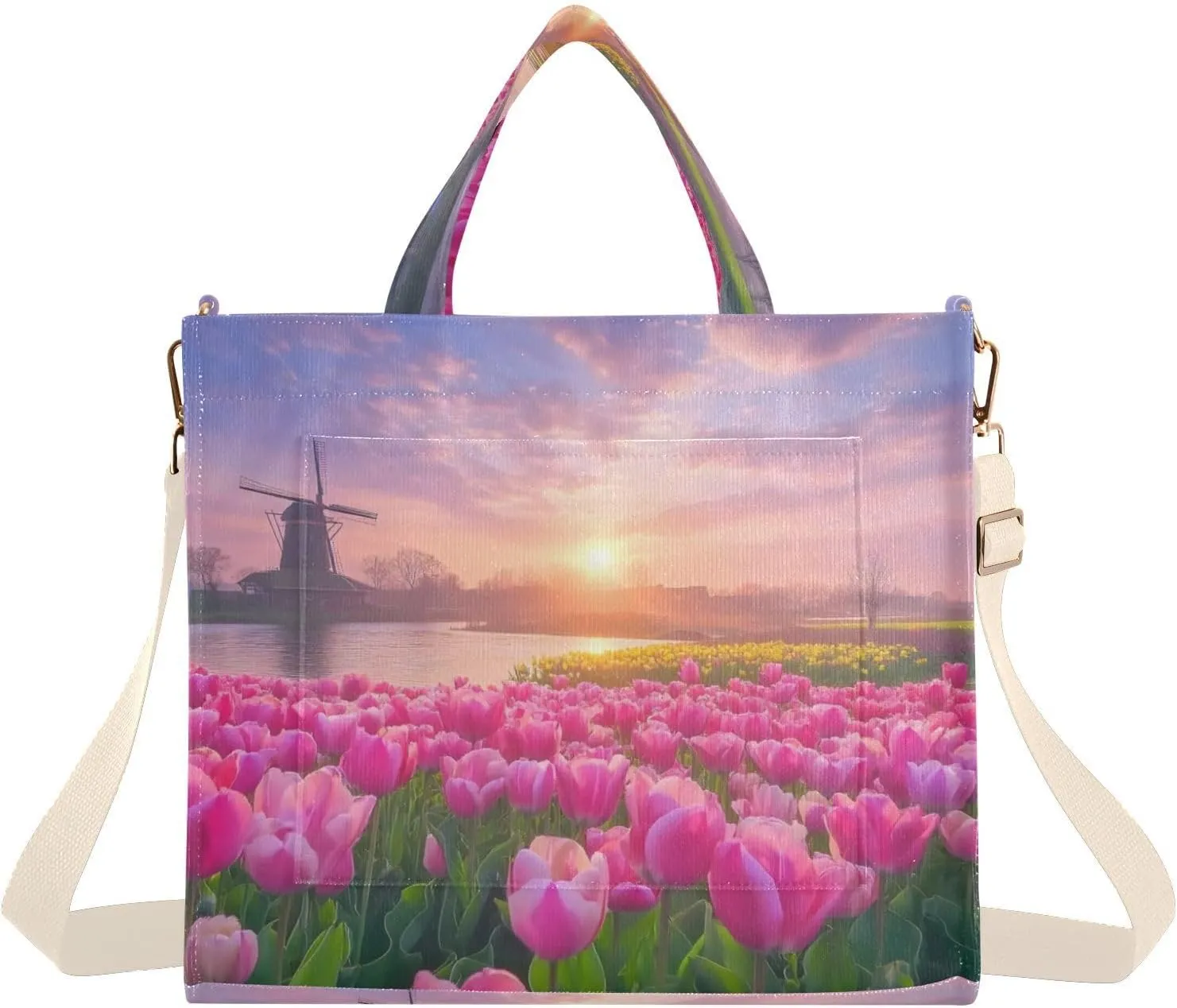 Corduroy Tote Bag Tulip Landscape Windmill for Women Large Shoulder Bag with Pockets for Beach Work Travel Shopping S
