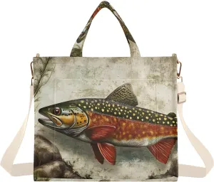 Corduroy Tote Bag Vintage Trout Fish for Women Large Shoulder Bag with Pockets for Beach Work Travel Shopping S
