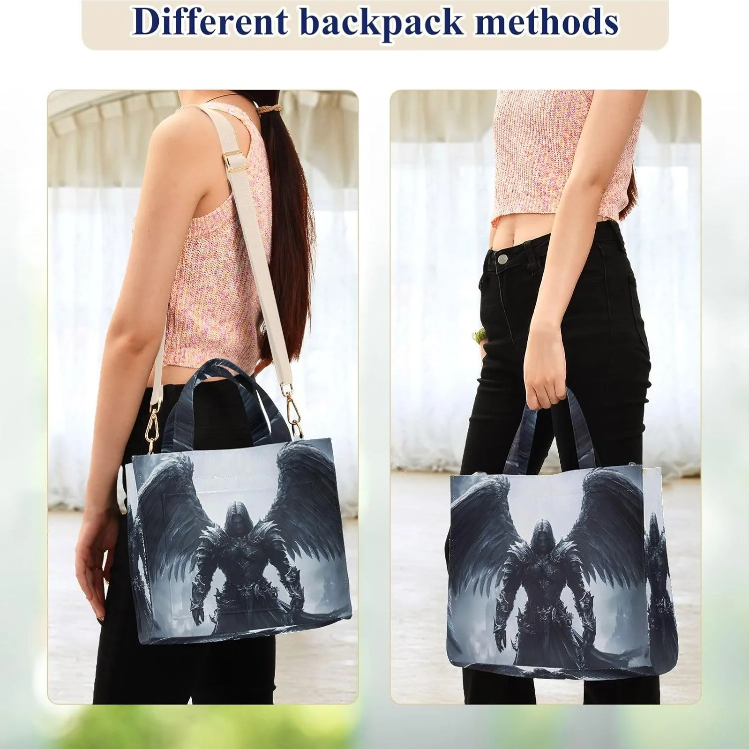 Corduroy Tote Bag Wings Archangel Black for Women Large Shoulder Bag with Pockets for Beach Work Travel Shopping S