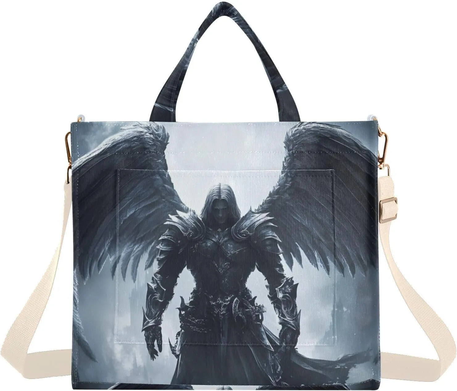 Corduroy Tote Bag Wings Archangel Black for Women Large Shoulder Bag with Pockets for Beach Work Travel Shopping S