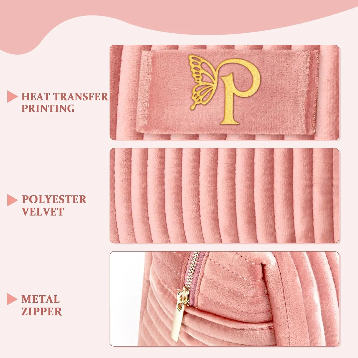 COSHAYSOO Travel Makeup Bag Quilted Make Up Pouch Initial Cosmetic Case with Butterfly Decorations for Women Lipstick Glossier Lipgloss Lip Stain Moisturizer Mascara Eyeliner Organizer Pink Letter P