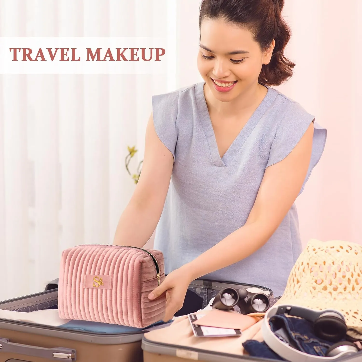 COSHAYSOO Travel Makeup Bag Quilted Make Up Pouch Initial Cosmetic Case with Butterfly Decorations for Women Lipstick Glossier Lipgloss Lip Stain Moisturizer Mascara Eyeliner Organizer Pink Letter P