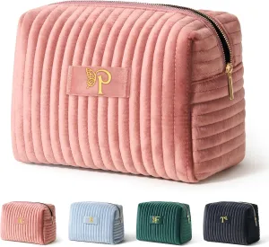 COSHAYSOO Travel Makeup Bag Quilted Make Up Pouch Initial Cosmetic Case with Butterfly Decorations for Women Lipstick Glossier Lipgloss Lip Stain Moisturizer Mascara Eyeliner Organizer Pink Letter P