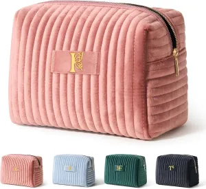 COSHAYSOO Travel Makeup Bag Quilted Make Up Pouch Initial Velvet Cosmetic Case with Butterfly Decorations for Women Cheerleader Volunteer Boss Lady Office Administrator Counselor Gifts Pink Letter I
