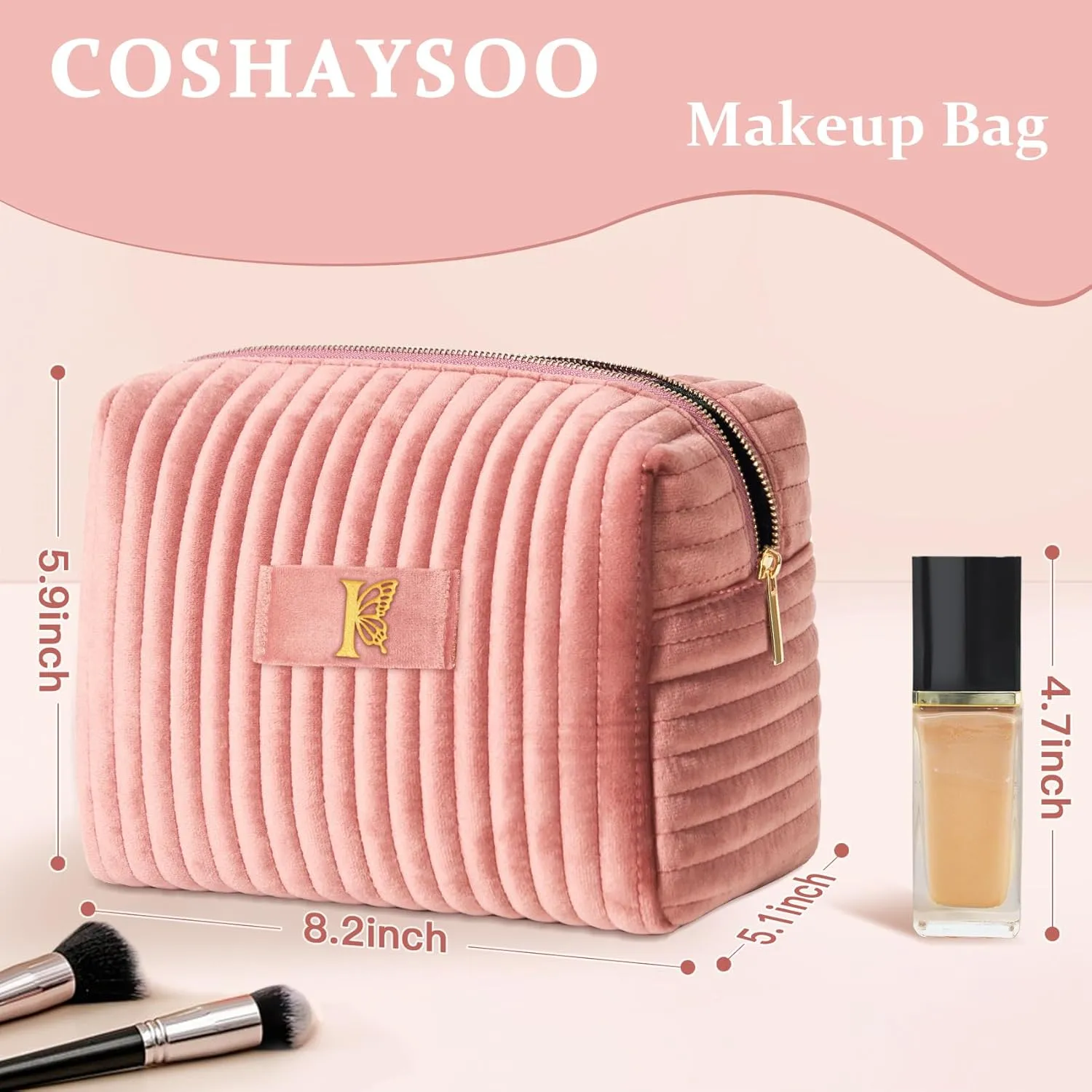 COSHAYSOO Travel Makeup Bag Quilted Make Up Pouch Initial Velvet Cosmetic Case with Butterfly Decorations for Women Cheerleader Volunteer Boss Lady Office Administrator Counselor Gifts Pink Letter I