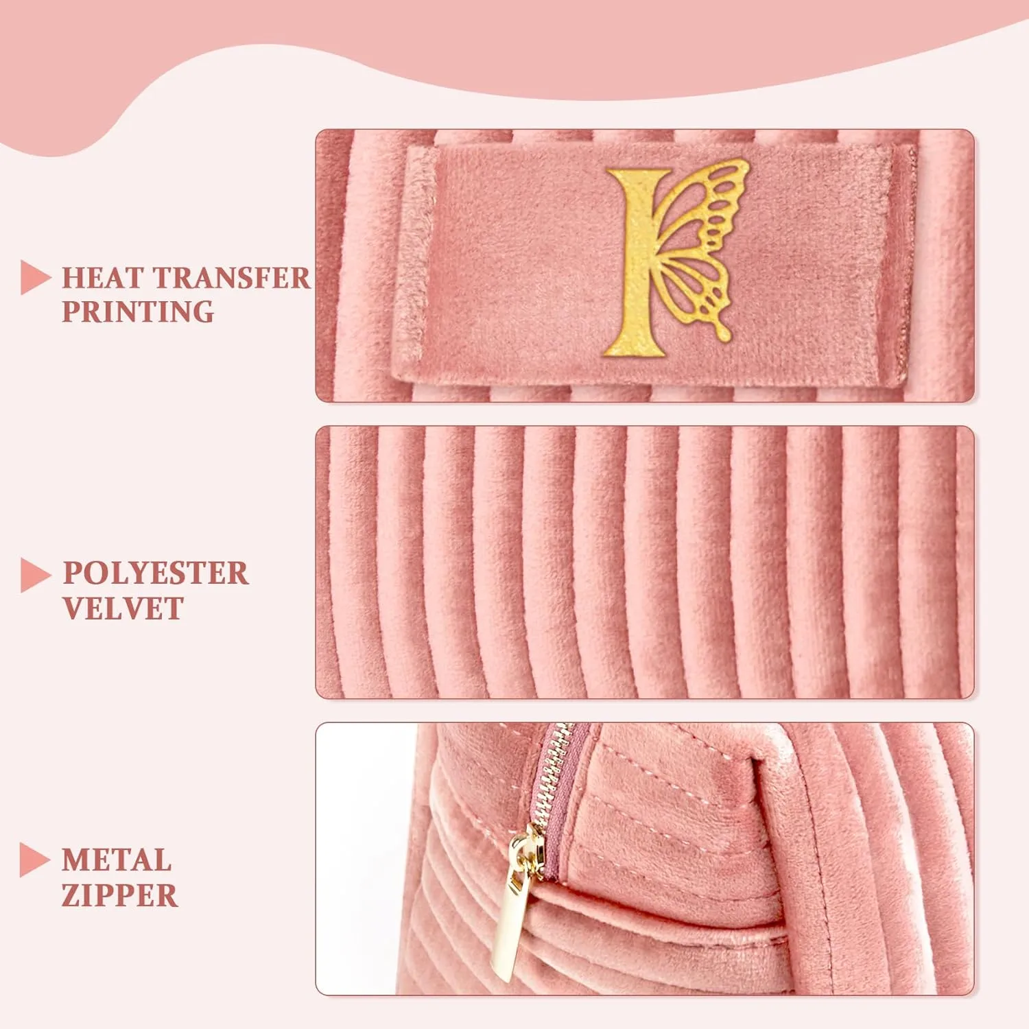 COSHAYSOO Travel Makeup Bag Quilted Make Up Pouch Initial Velvet Cosmetic Case with Butterfly Decorations for Women Cheerleader Volunteer Boss Lady Office Administrator Counselor Gifts Pink Letter I