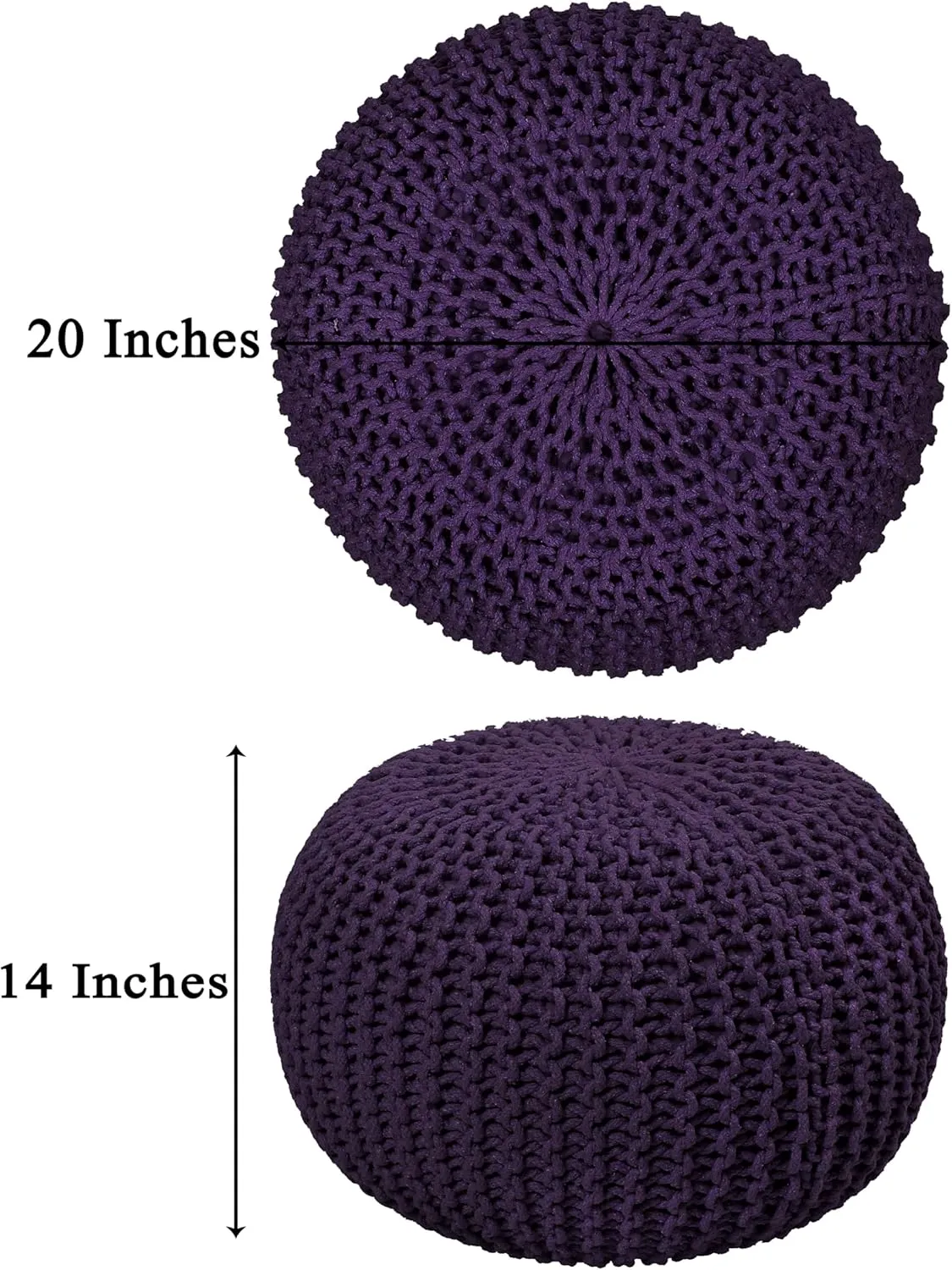 COTTON CRAFT Round Dori Pouf - Cotton Braid Cord Cable Knitted Ottoman - Foot Stool - Footrest - Floor Pouf - Woven Ottoman - Bean Bag - Living Room Dorm - 20 inches Diameter x 14 Height - Deep Plum