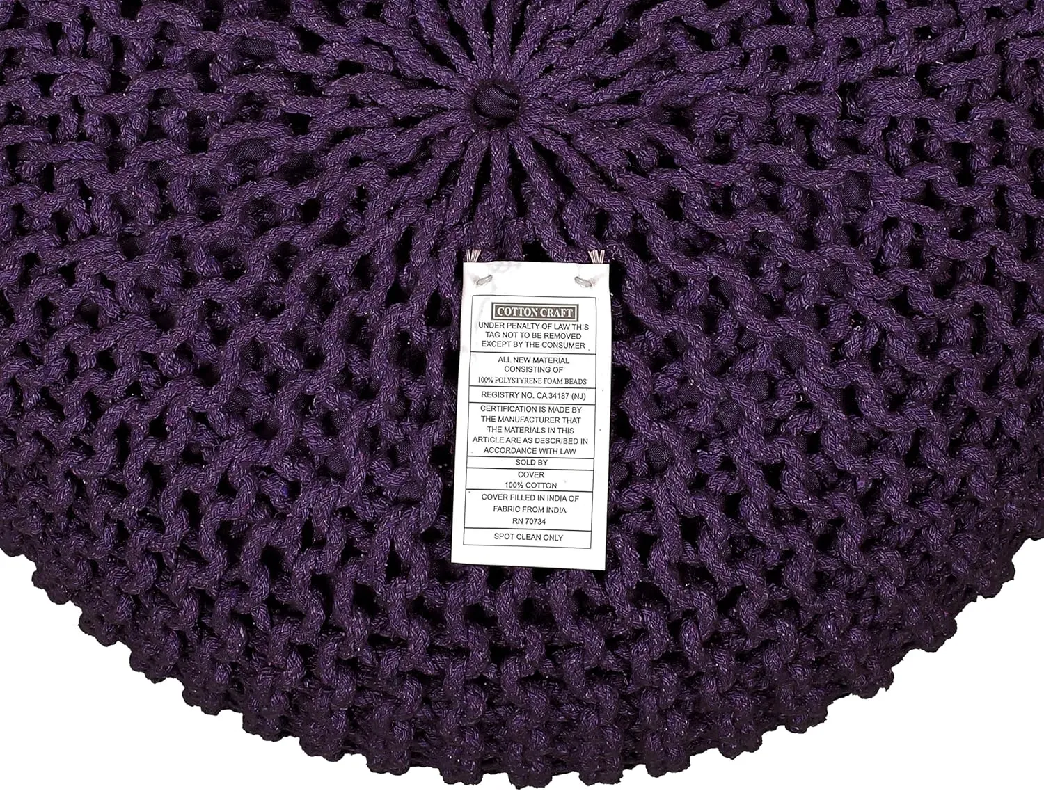COTTON CRAFT Round Dori Pouf - Cotton Braid Cord Cable Knitted Ottoman - Foot Stool - Footrest - Floor Pouf - Woven Ottoman - Bean Bag - Living Room Dorm - 20 inches Diameter x 14 Height - Deep Plum