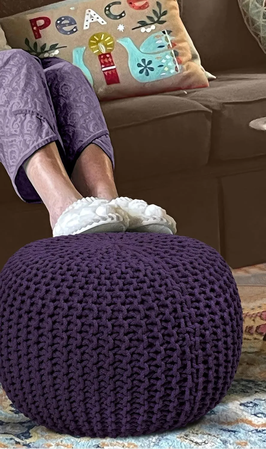 COTTON CRAFT Round Dori Pouf - Cotton Braid Cord Cable Knitted Ottoman - Foot Stool - Footrest - Floor Pouf - Woven Ottoman - Bean Bag - Living Room Dorm - 20 inches Diameter x 14 Height - Deep Plum