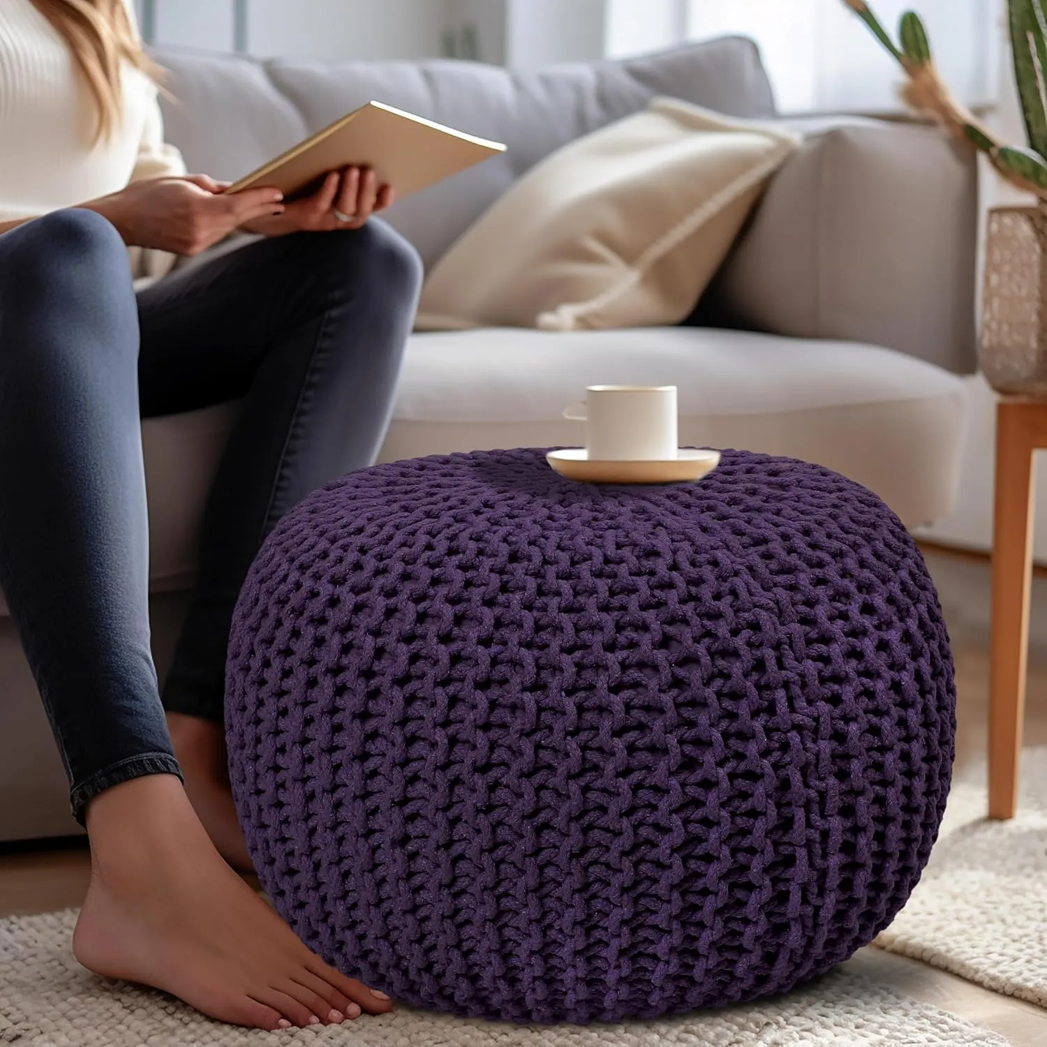 COTTON CRAFT Round Dori Pouf - Cotton Braid Cord Cable Knitted Ottoman - Foot Stool - Footrest - Floor Pouf - Woven Ottoman - Bean Bag - Living Room Dorm - 20 inches Diameter x 14 Height - Deep Plum