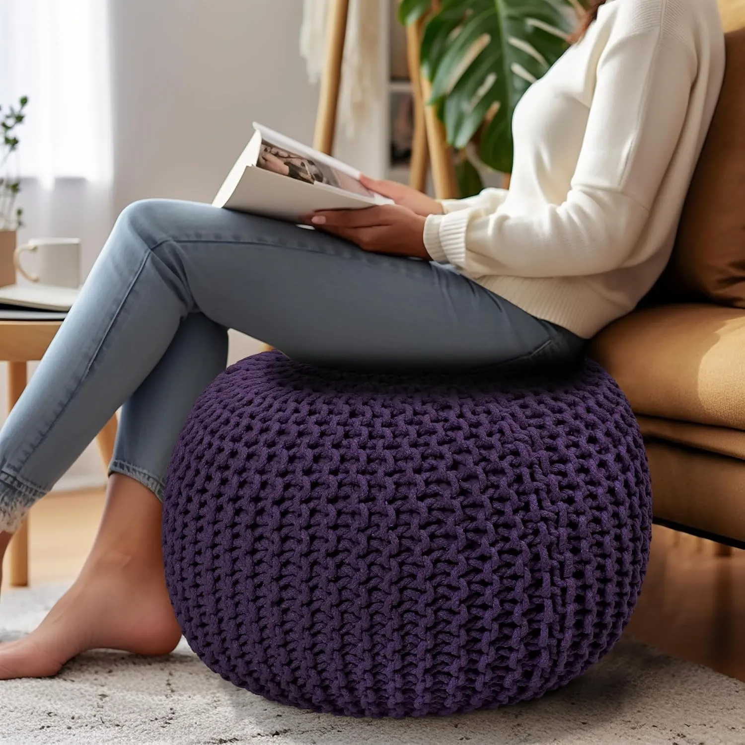 COTTON CRAFT Round Dori Pouf - Cotton Braid Cord Cable Knitted Ottoman - Foot Stool - Footrest - Floor Pouf - Woven Ottoman - Bean Bag - Living Room Dorm - 20 inches Diameter x 14 Height - Deep Plum