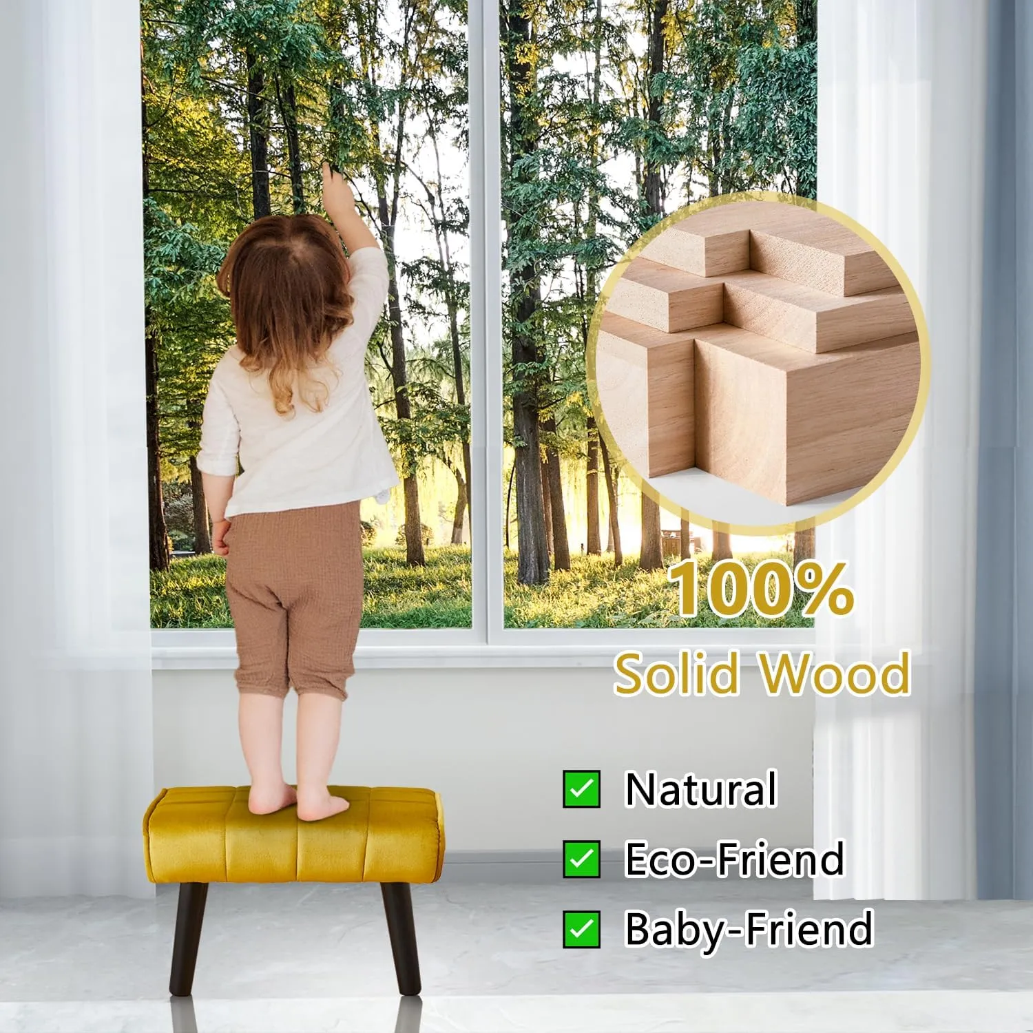 Cpintltr Foot Stool Ottoman Modern Accent Step Stool Seat with Solid Wood Legs Velvet Soft Padded Pouf Ottomans Sofa Footrest Stools for Couch Living Room Bedroom Entryway (Greenish Yellow 2 PCS)