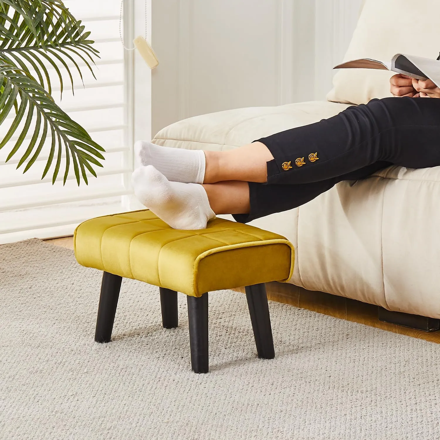 Cpintltr Foot Stool Ottoman Modern Accent Step Stool Seat with Solid Wood Legs Velvet Soft Padded Pouf Ottomans Sofa Footrest Stools for Couch Living Room Bedroom Entryway (Greenish Yellow 2 PCS)