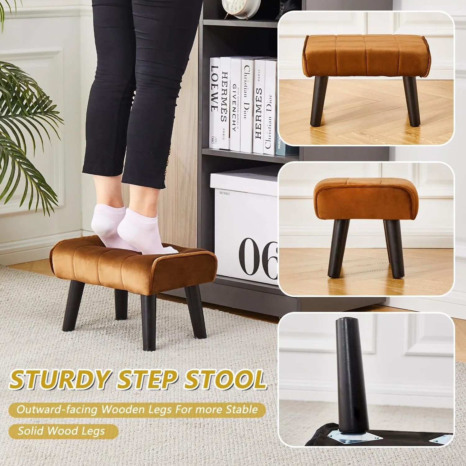 Cpintltr Foot Stool Ottoman Modern Accent Step Stool Seat with Solid Wood Legs Velvet Soft Padded Pouf Ottomans Sofa Footrest Stools for Couch Living Room Bedroom Entryway (Greenish Yellow 2 PCS)