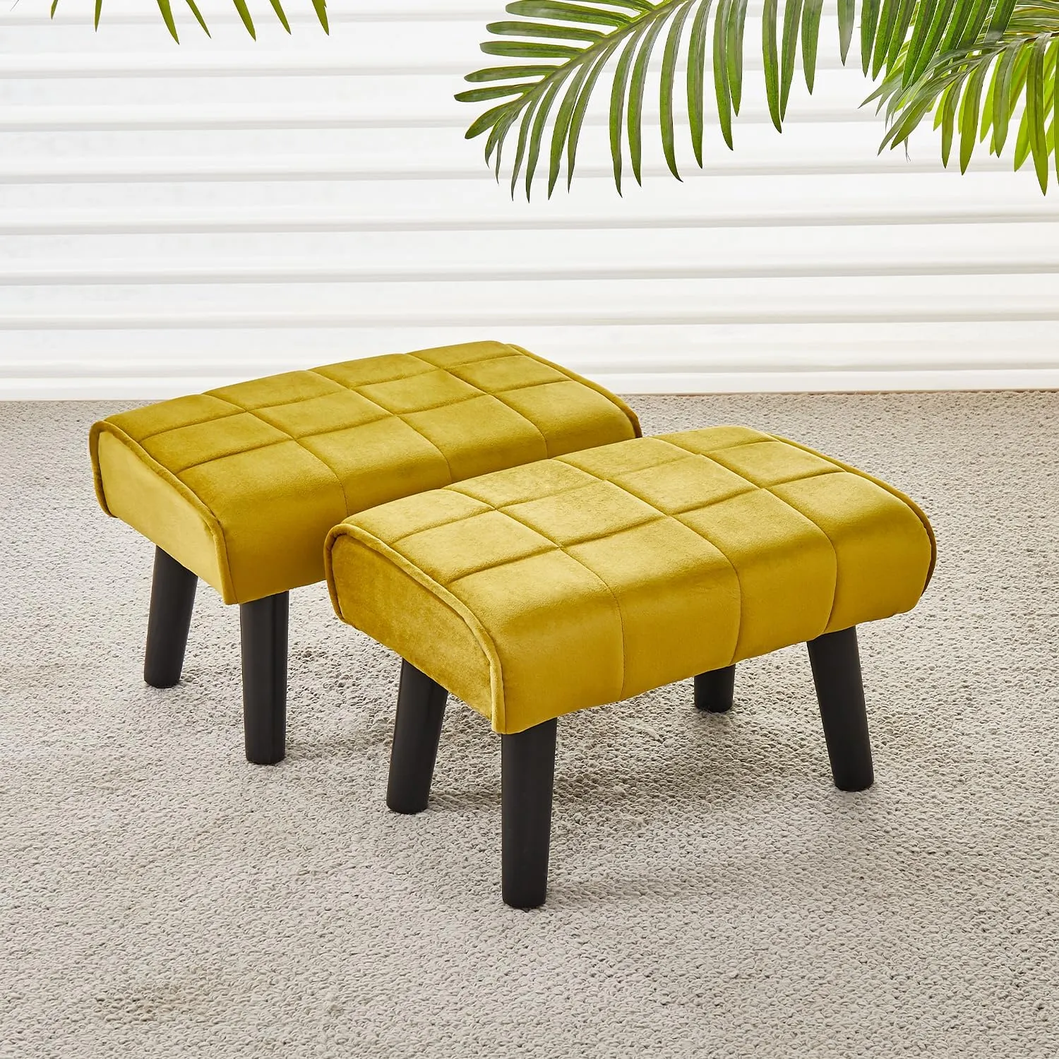 Cpintltr Foot Stool Ottoman Modern Accent Step Stool Seat with Solid Wood Legs Velvet Soft Padded Pouf Ottomans Sofa Footrest Stools for Couch Living Room Bedroom Entryway (Greenish Yellow 2 PCS)