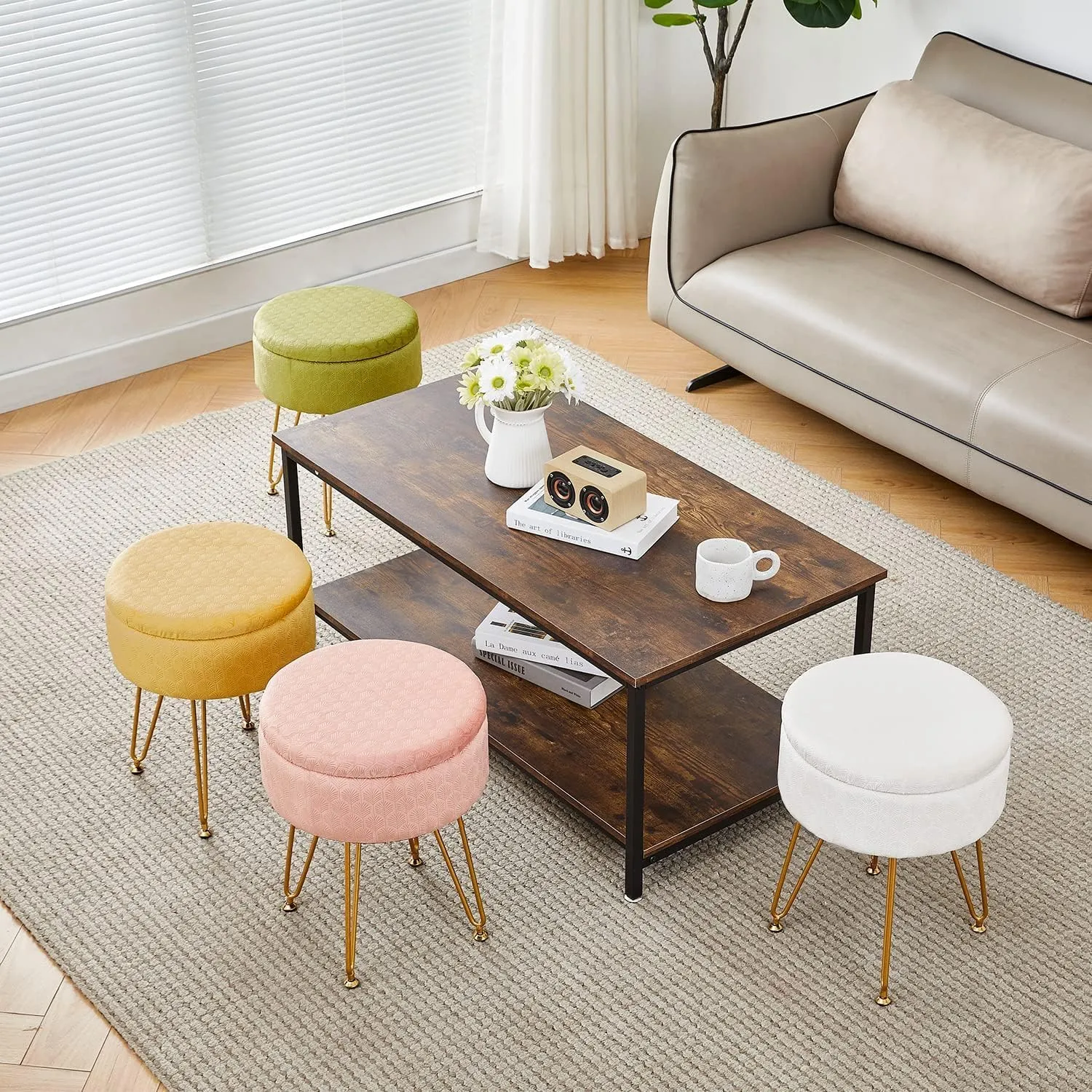 Cpintltr Foot Stool Velvet Storage Ottoman with Removable Lid Round Sofa Stools Foot Rest with Padded Seat Modern Style Makeup Stool Decorative Furniture Suitable for Lounge Dorm Room Bluish Grey