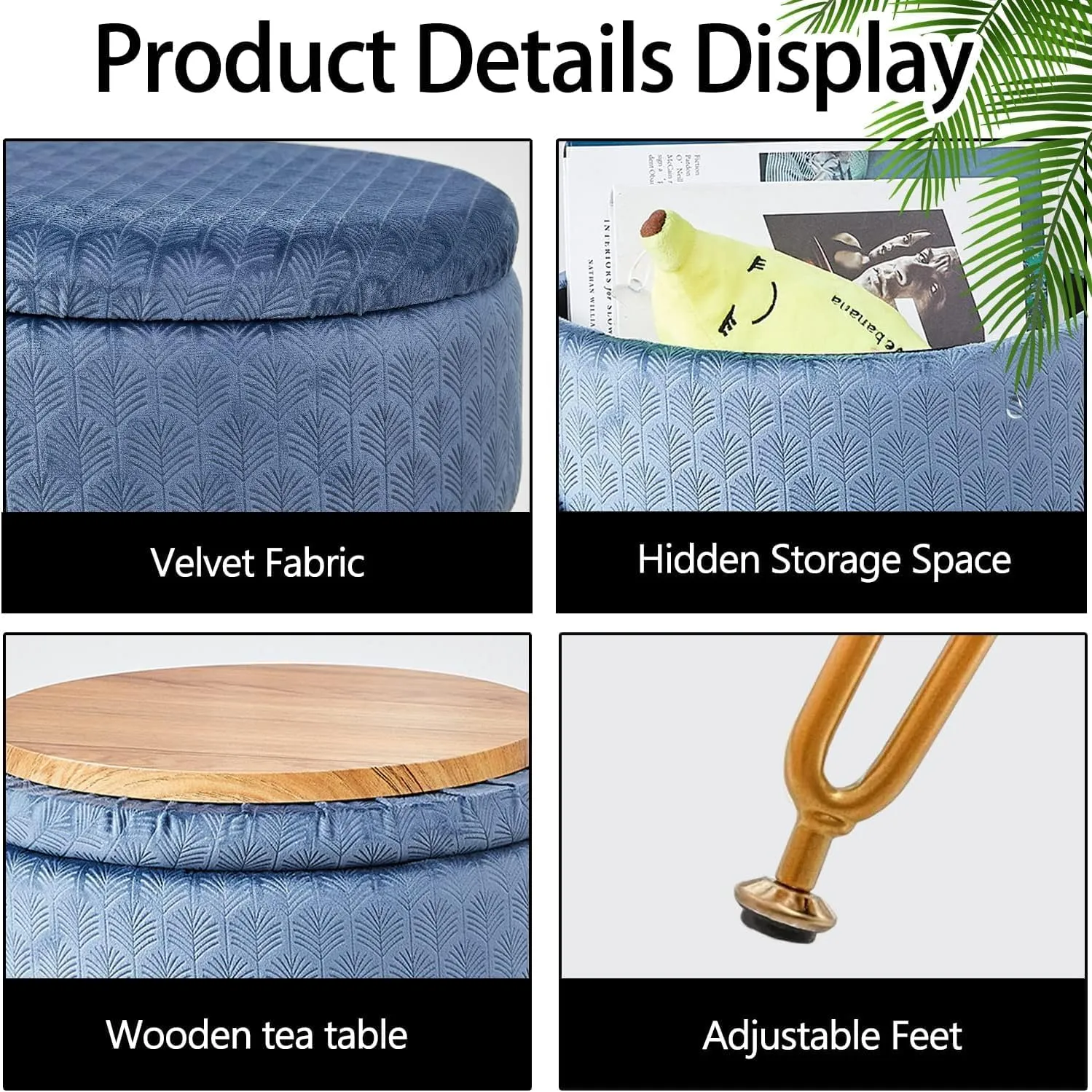 Cpintltr Foot Stool Velvet Storage Ottoman with Removable Lid Round Sofa Stools Foot Rest with Padded Seat Modern Style Makeup Stool Decorative Furniture Suitable for Lounge Dorm Room Bluish Grey