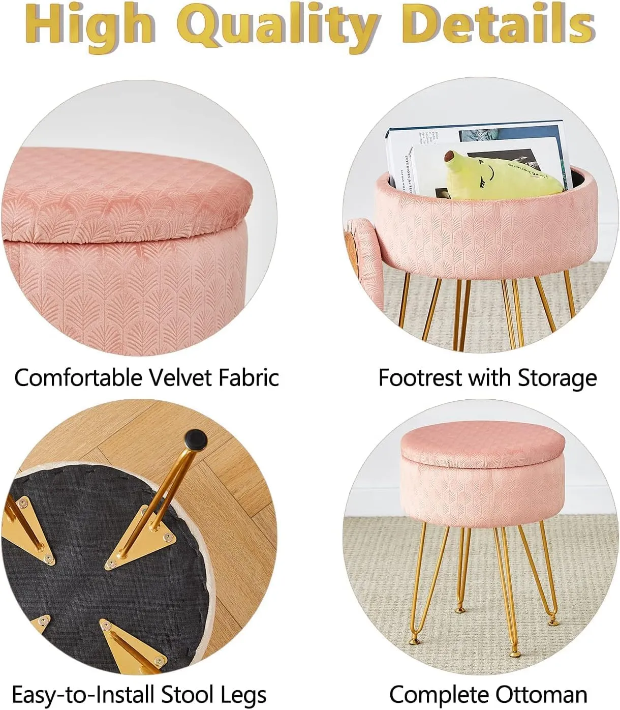 Cpintltr Foot Stool Velvet Storage Ottoman with Removable Lid Round Sofa Stools Foot Rest with Padded Seat Modern Style Makeup Stool Decorative Furniture Suitable for Lounge Dorm Room Blush