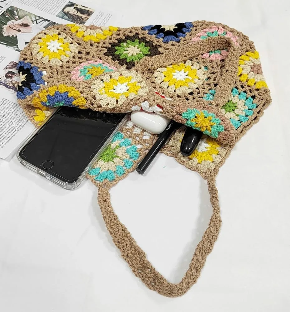 Crochet Handbags for Women Knitted Handmade Shouder Bag Colorful Summer Tote Woven Top Handle Purse Vacation