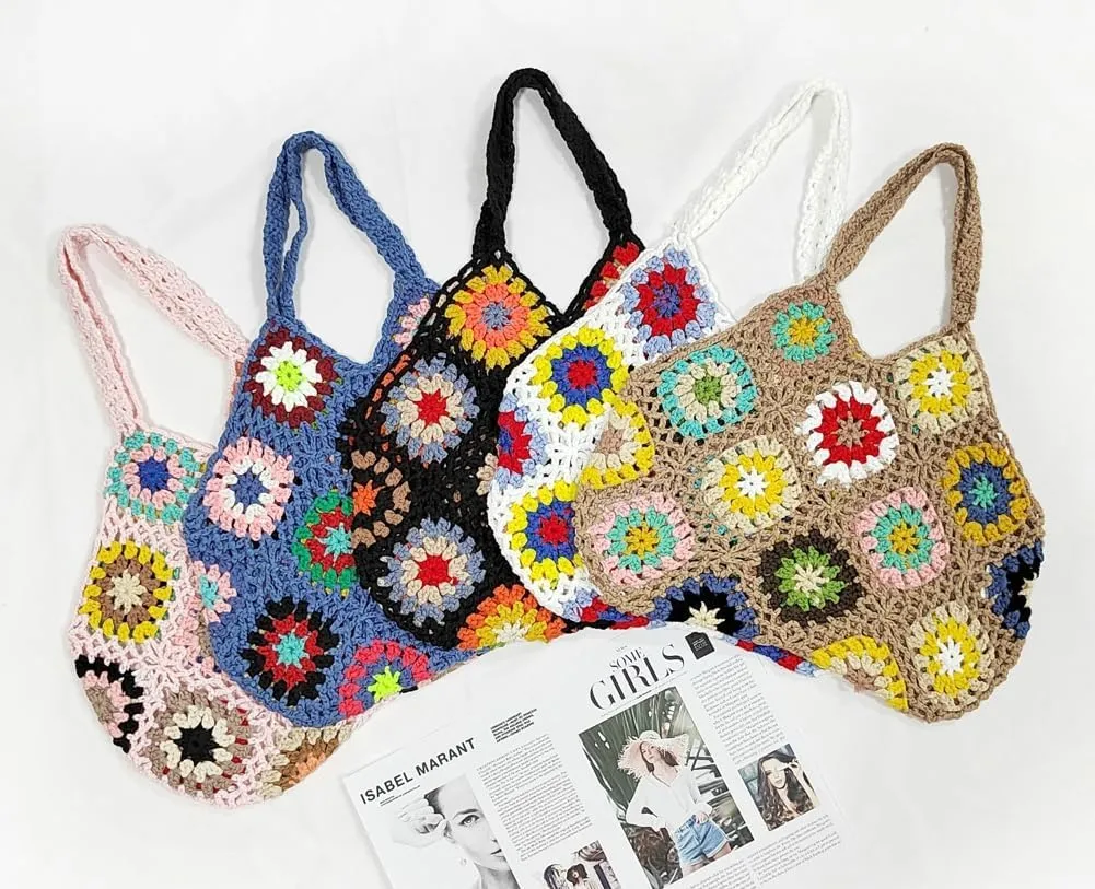 Crochet Handbags for Women Knitted Handmade Shouder Bag Colorful Summer Tote Woven Top Handle Purse Vacation