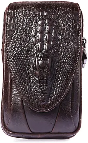 Crocodile Leather Phone Belt Bag Waist Pack for Men Travel Outdoor Casual Cellphone Loop Holster Case Money Coin Mini Pouch Purse Wallet Coffee