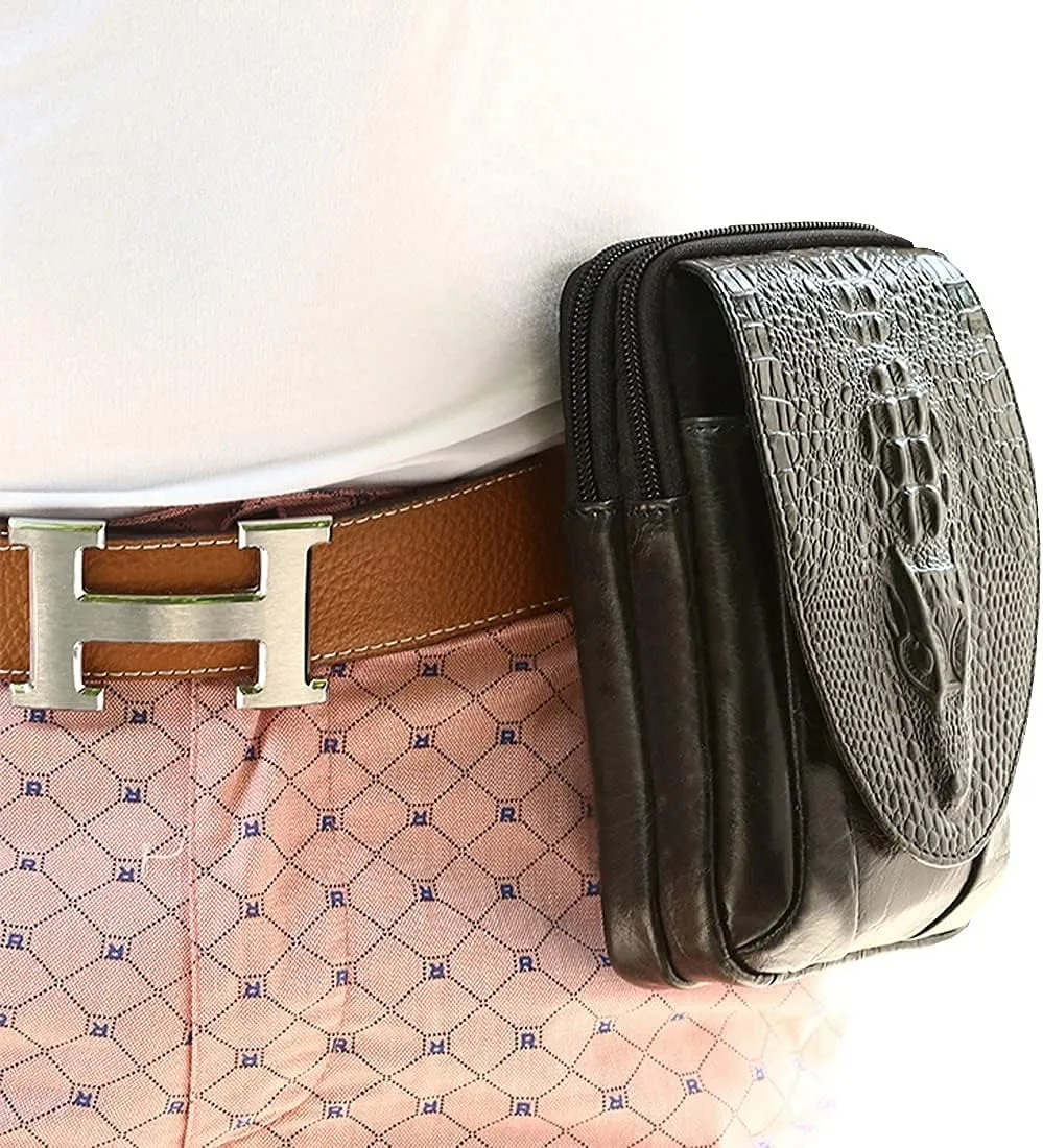 Crocodile Leather Phone Belt Bag Waist Pack for Men Travel Outdoor Casual Cellphone Loop Holster Case Money Coin Mini Pouch Purse Wallet Coffee