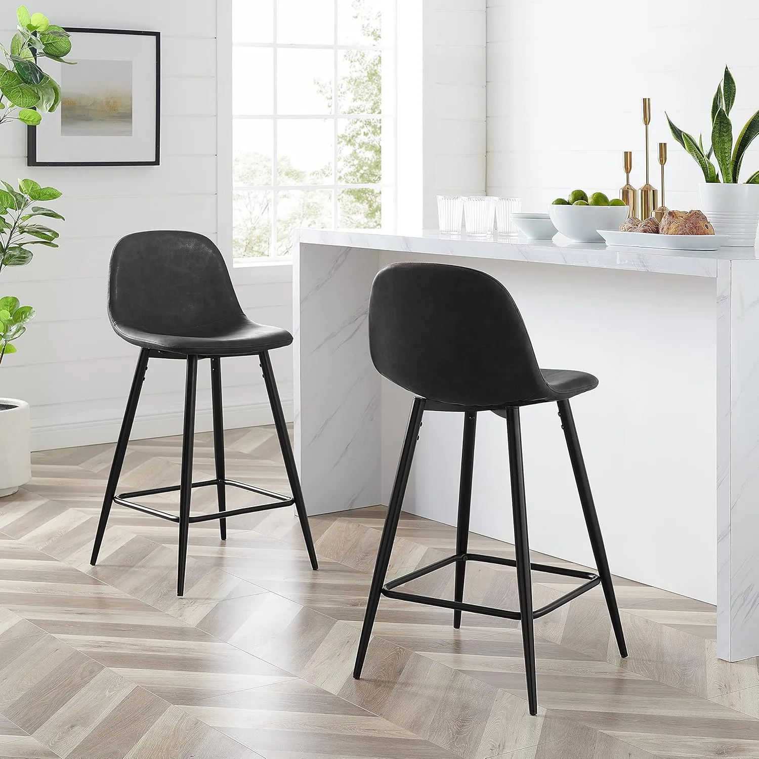 Crosley Furniture Weston Upholstered Seat Counter Height Bar Stools Set of 2, Distressed Black/Matte Black