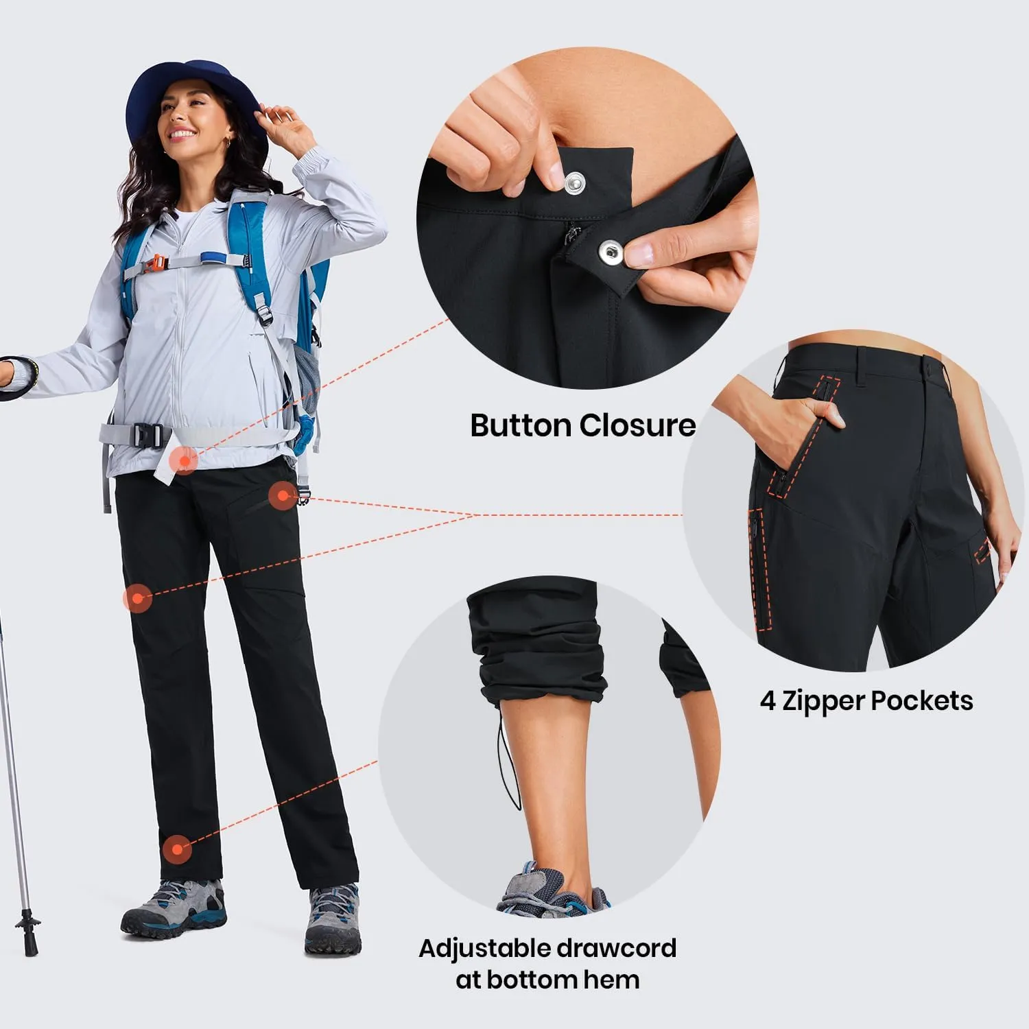 CRZ YOGA UPF 50  Hiking Cargo Pants Women Water Resistant Lightweight Outdoor Athletic Joggers with 4 Zipper Pockets