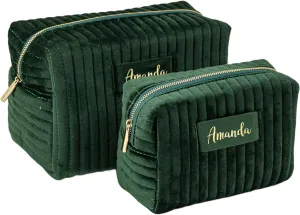 Custom Makeup Bag, Green Velvet Personalized Cosmetic Bag with Zipper for Women Teen Girls Birthday Gifts Mothers Day Gifts for Mom