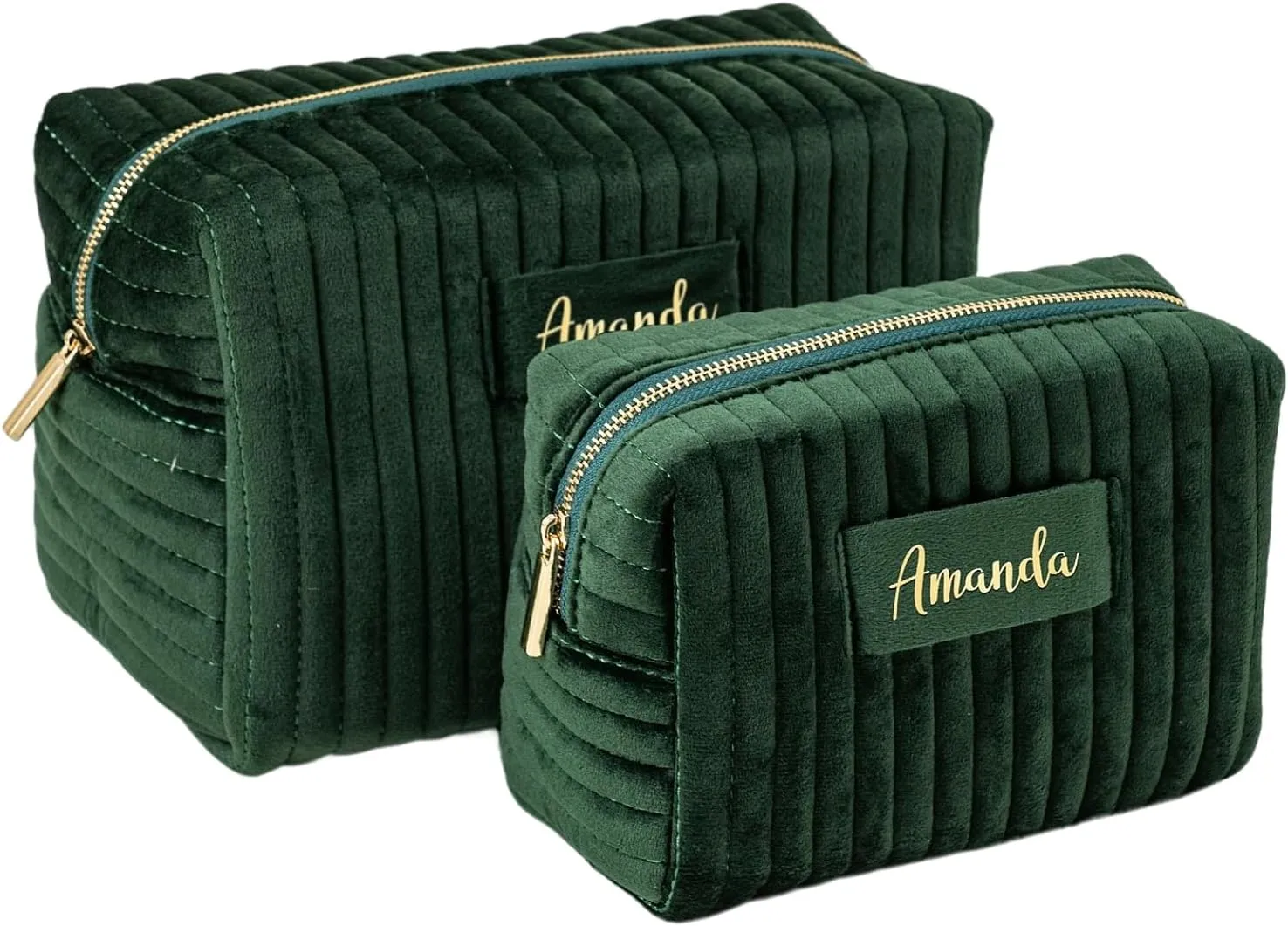 Custom Makeup Bag, Green Velvet Personalized Cosmetic Bag with Zipper for Women Teen Girls Birthday Gifts Mothers Day Gifts for Mom