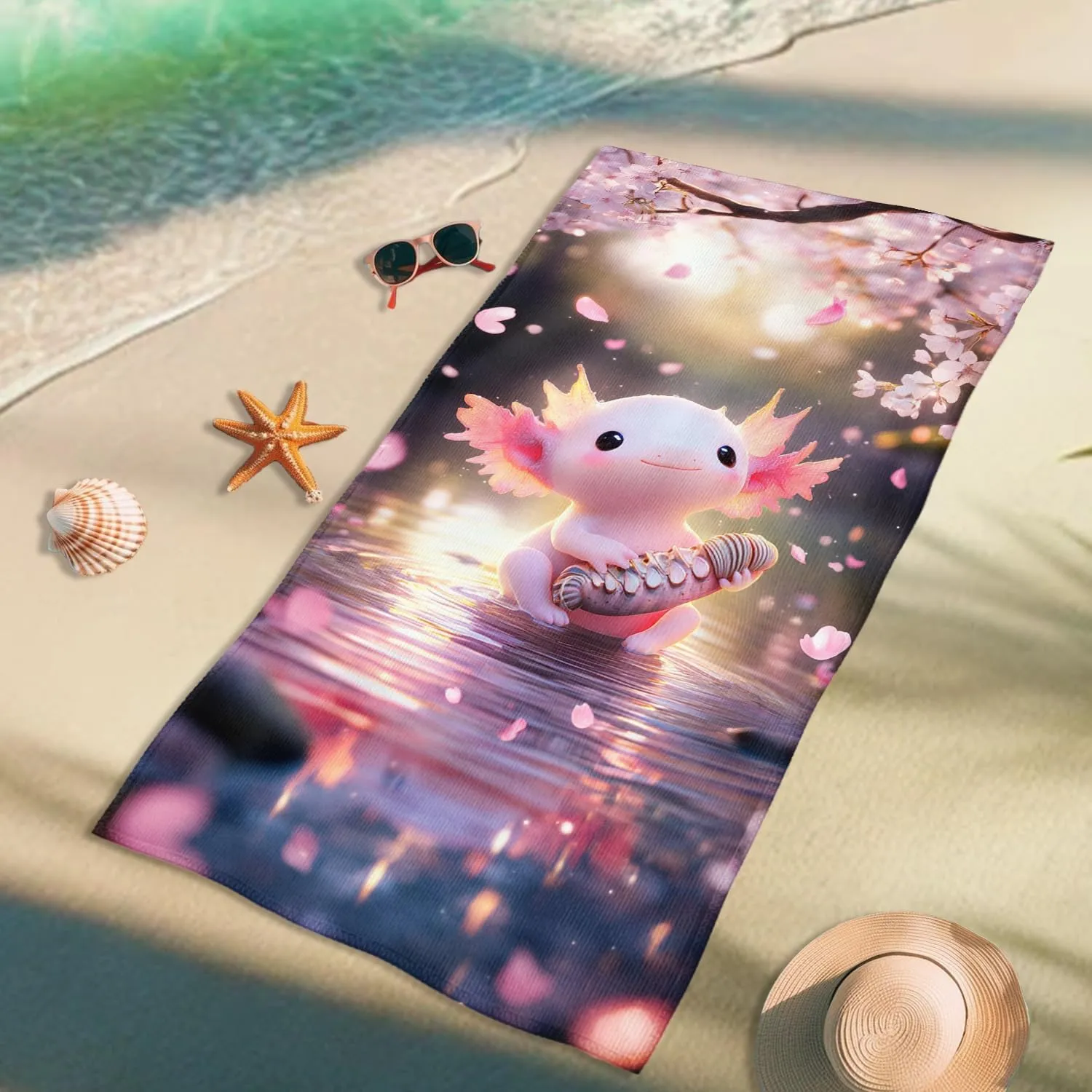 Cute Axolotl Beach Towel Microfiber Colorful Cartoon Design Quick Dry Sand Free Soft Lightweight Bath Towel for Vacation Picnic Pool Gym Travel Essentials 70x35 Inch
