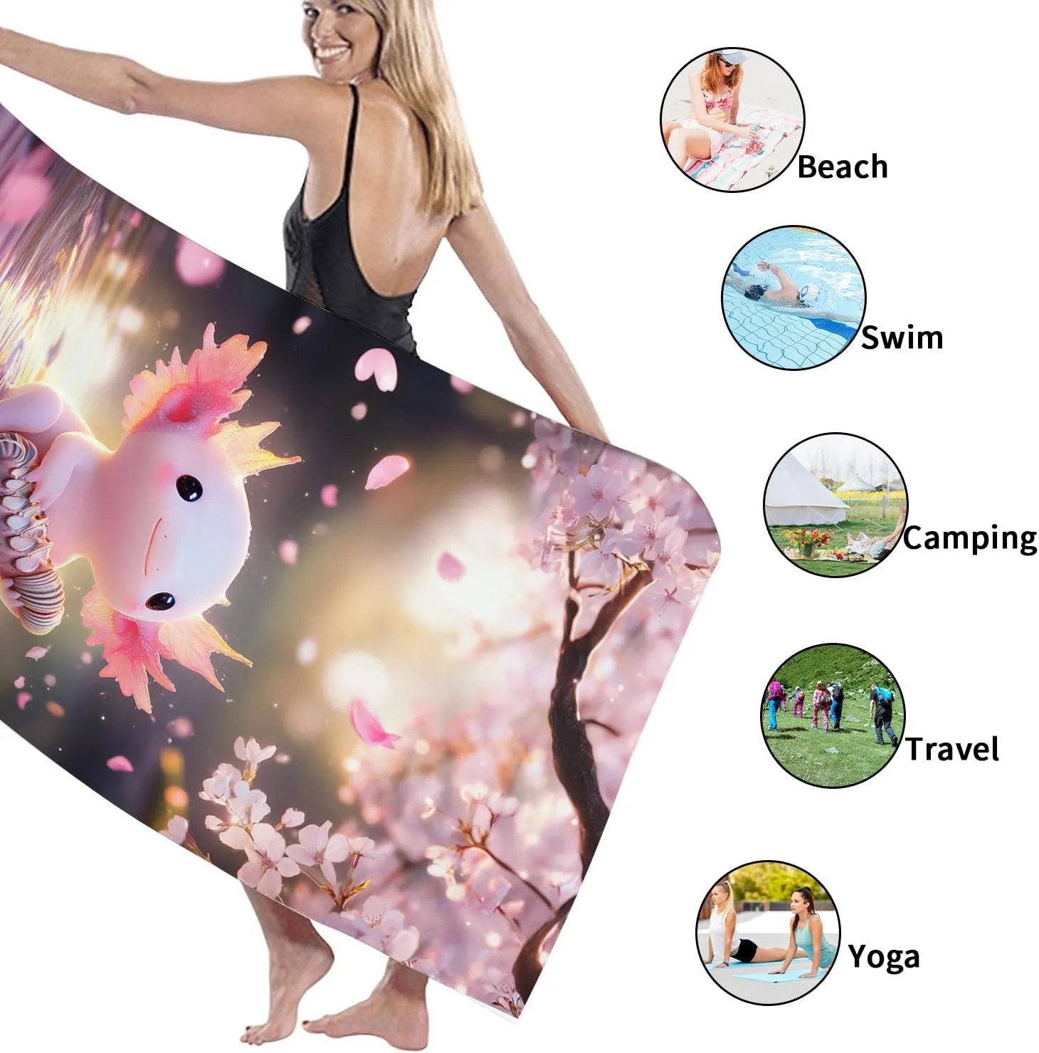 Cute Axolotl Beach Towel Microfiber Colorful Cartoon Design Quick Dry Sand Free Soft Lightweight Bath Towel for Vacation Picnic Pool Gym Travel Essentials 70x35 Inch
