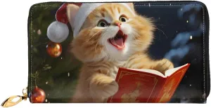 Cute Cat Sing Christmas Carols Leather Wallets For Women Waterproof Zip Around Clutch Purses Large Credit Card Holder With Phone Holder Ladies Travel Coin Purse