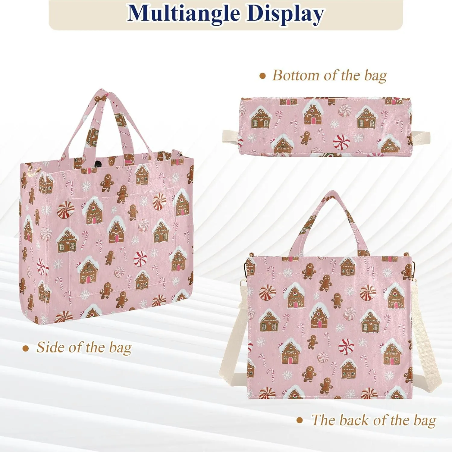 Cute Gingerbread House Tote Bag Large Capacity for Women Handbag Corduroy Crossbody Shoulder Bag