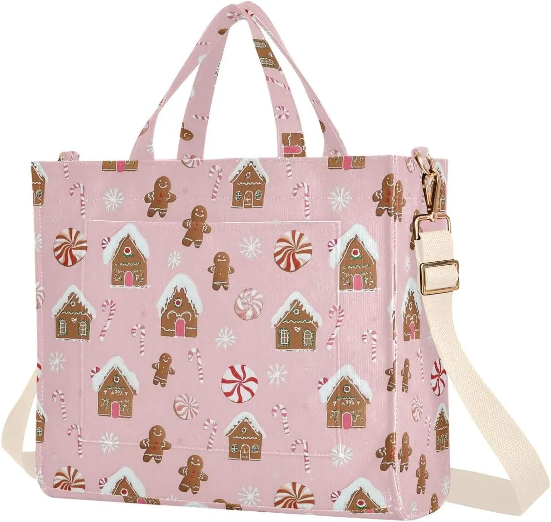 Cute Gingerbread House Tote Bag Large Capacity for Women Handbag Corduroy Crossbody Shoulder Bag