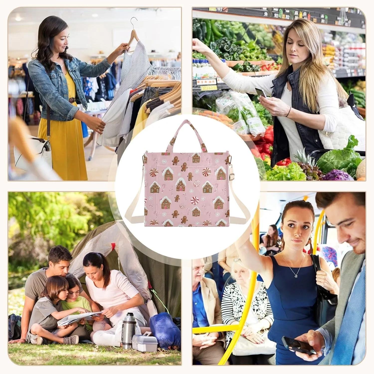 Cute Gingerbread House Tote Bag Large Capacity for Women Handbag Corduroy Crossbody Shoulder Bag