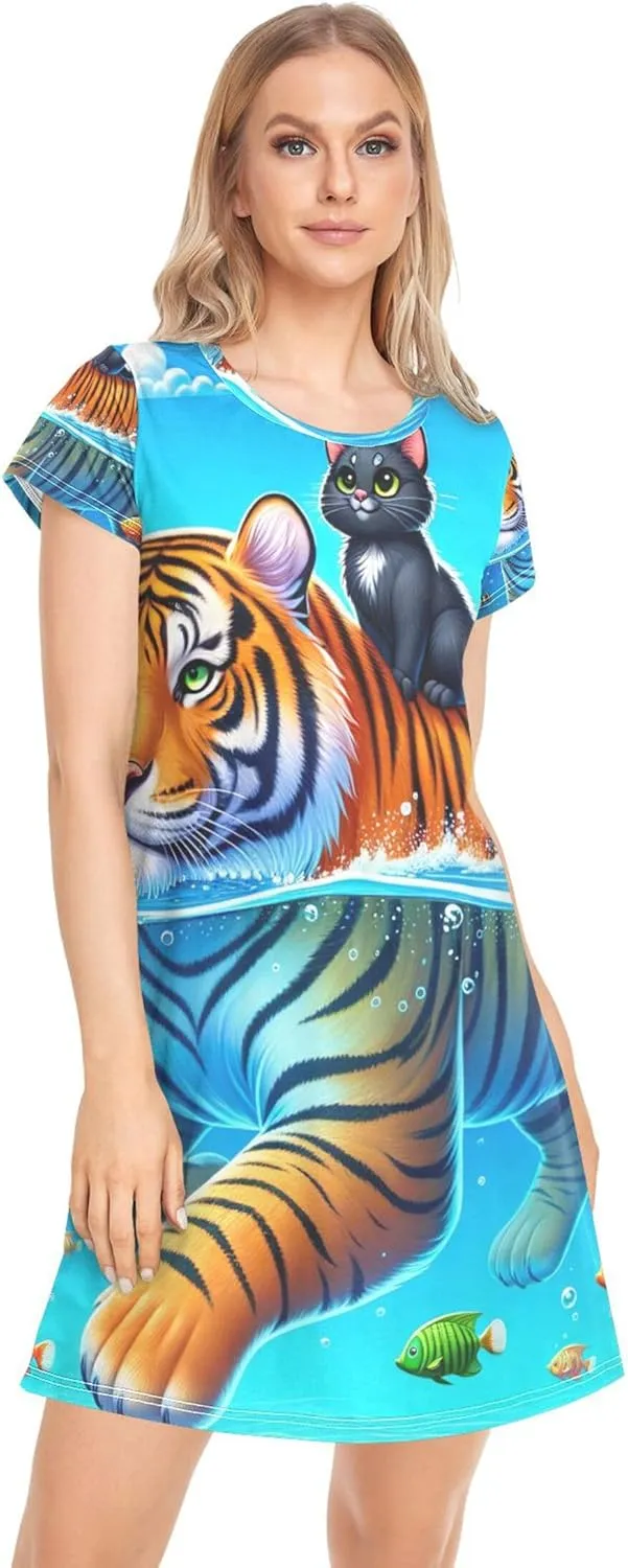 Cute Ocean Buddy Tiger Blue Women Gowns Sleeping Animal Print House Dress Short Night t Shirt Dress S