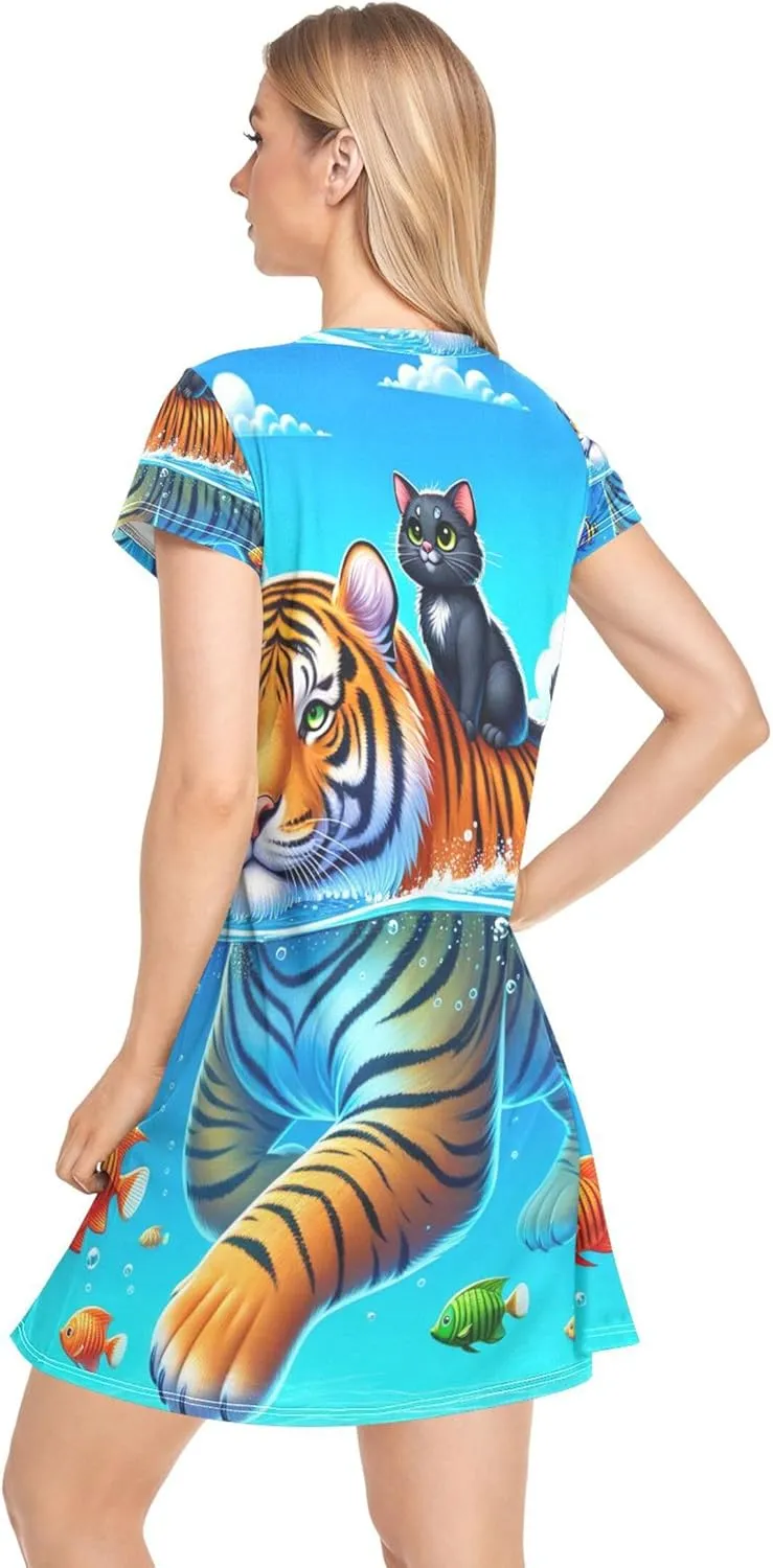 Cute Ocean Buddy Tiger Blue Women Gowns Sleeping Animal Print House Dress Short Night t Shirt Dress S