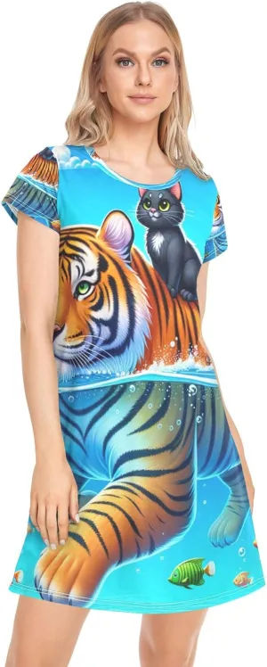 Cute Ocean Buddy Tiger Blue Women Gowns Sleeping Animal Print House Dress Short Night t Shirt Dress S