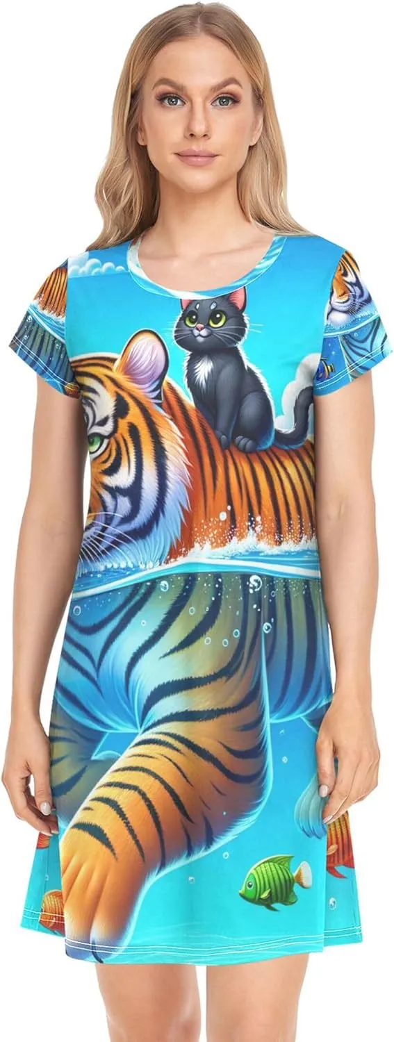 Cute Ocean Buddy Tiger Blue Women Gowns Sleeping Animal Print House Dress Short Night t Shirt Dress S