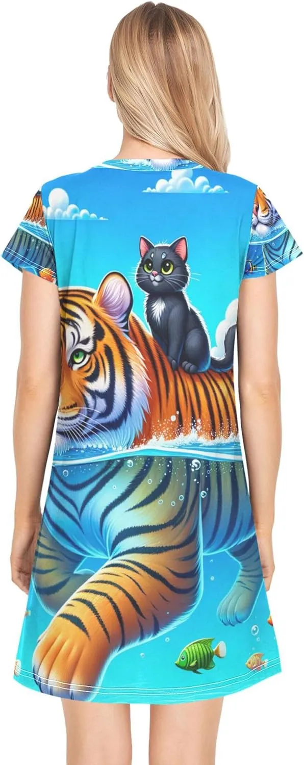 Cute Ocean Buddy Tiger Blue Women Gowns Sleeping Animal Print House Dress Short Night t Shirt Dress S