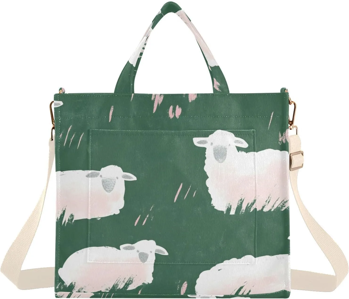 Cute Sheep Grassland Corduroy Tote Bag for Women Large Shoulder Bag with Pockets for Beach Work Travel Shopping S