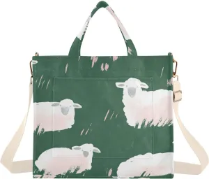 Cute Sheep Grassland Corduroy Tote Bag for Women Large Shoulder Bag with Pockets for Beach Work Travel Shopping S