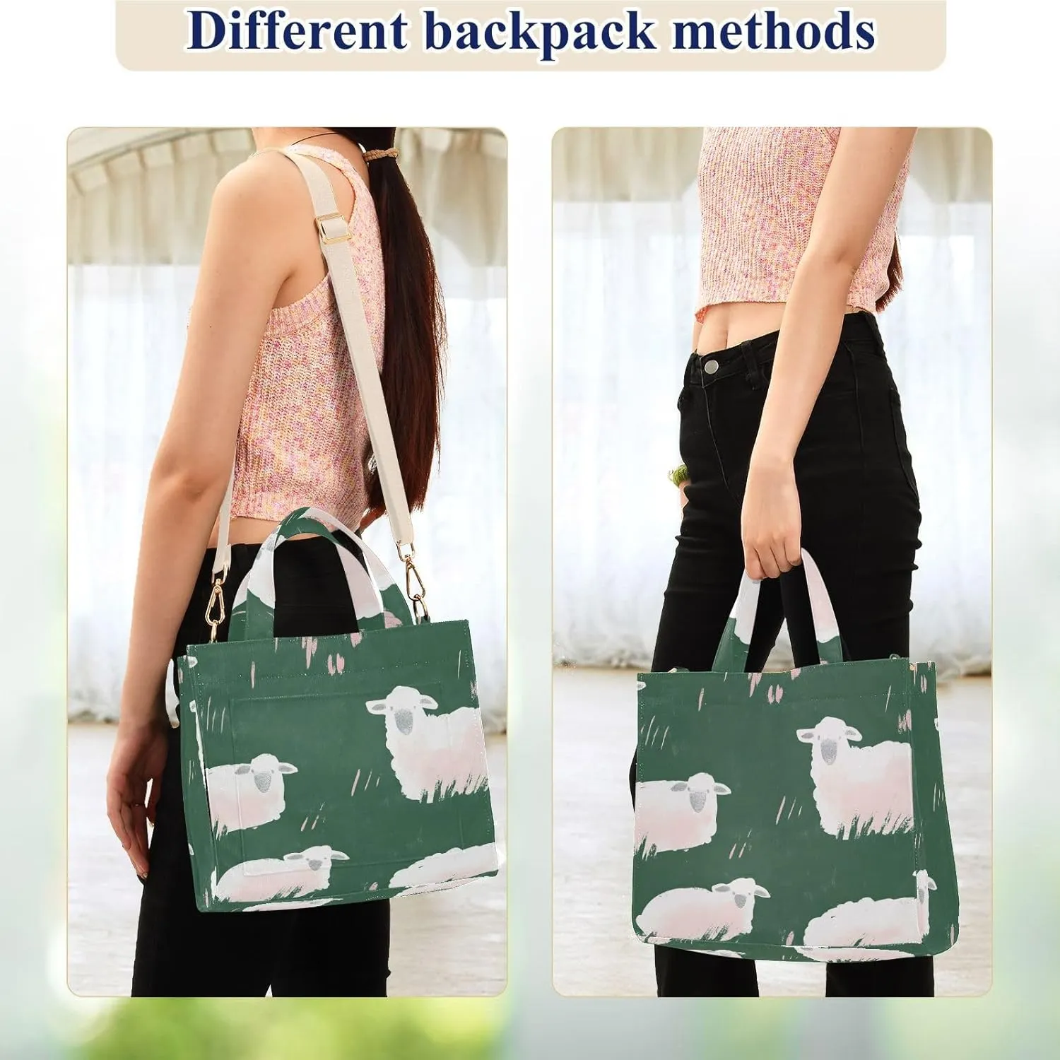 Cute Sheep Grassland Corduroy Tote Bag for Women Large Shoulder Bag with Pockets for Beach Work Travel Shopping S