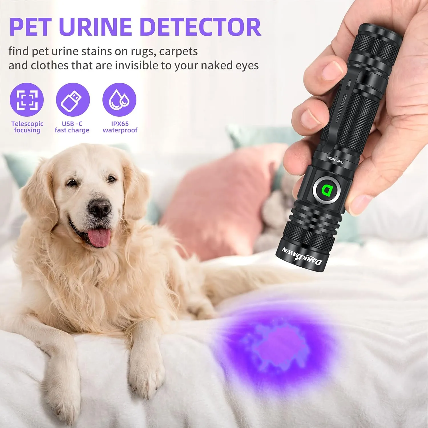 DARKDAWN UV Flashlight 395nm Black Light USB Rechargeable Ultraviolet LED Blacklight Powerful Fluorescent Woods Lamp Portable Mini Detector for Pet Urine Stains, Gem, Scorpions, Resin Curing, 2 Pack