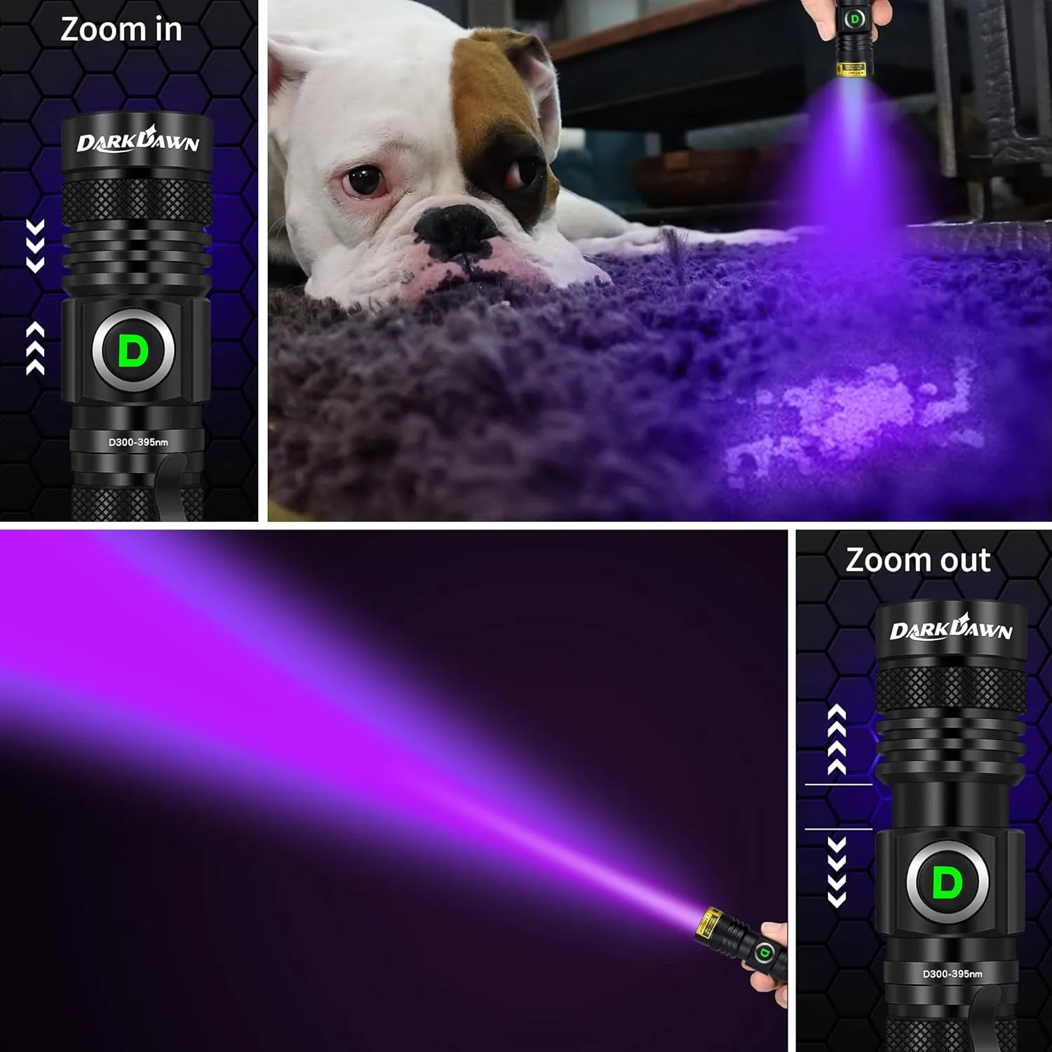 DARKDAWN UV Flashlight 395nm Black Light USB Rechargeable Ultraviolet LED Blacklight Powerful Fluorescent Woods Lamp Portable Mini Detector for Pet Urine Stains, Gem, Scorpions, Resin Curing, 2 Pack